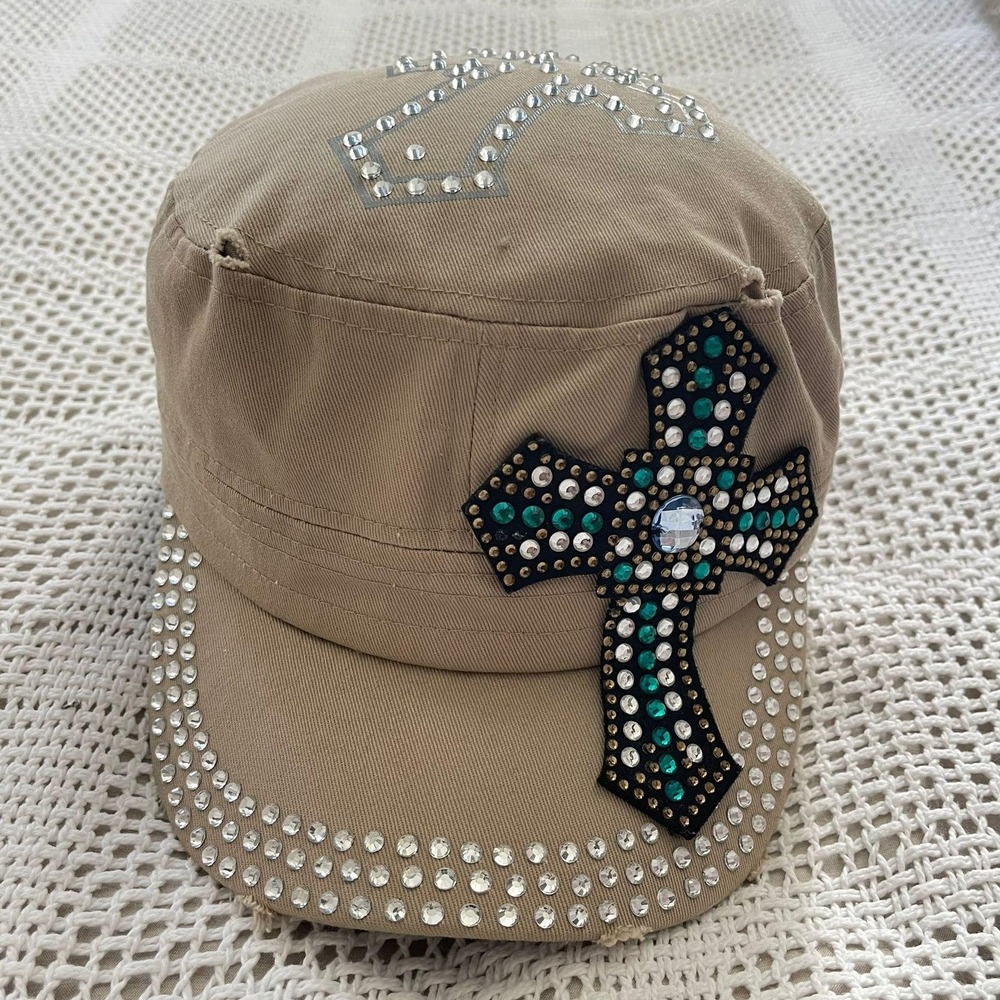 y2k Premium Womens Military Cadet Hat Rhinestone Cross Bling One Size Tan